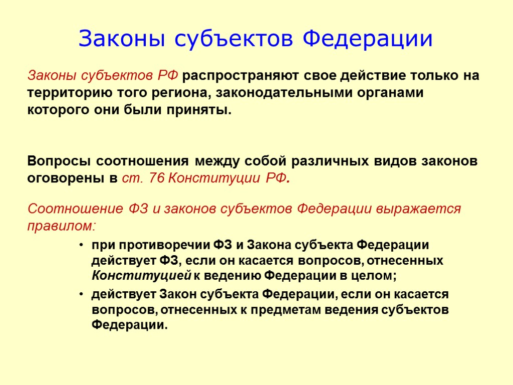 Законы субъектов Федерации Законы субъектов РФ распространяют свое действие только на территорию того региона,